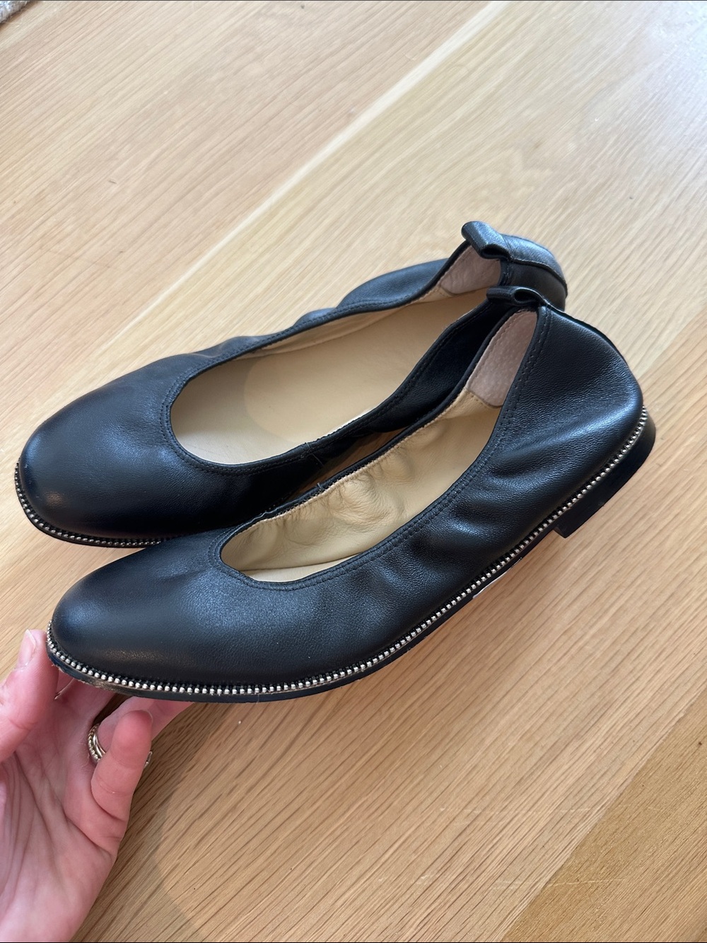 Botkier Black Leather Round-Toe Ballet Flats with Studded Trim - Picture 2 of 5